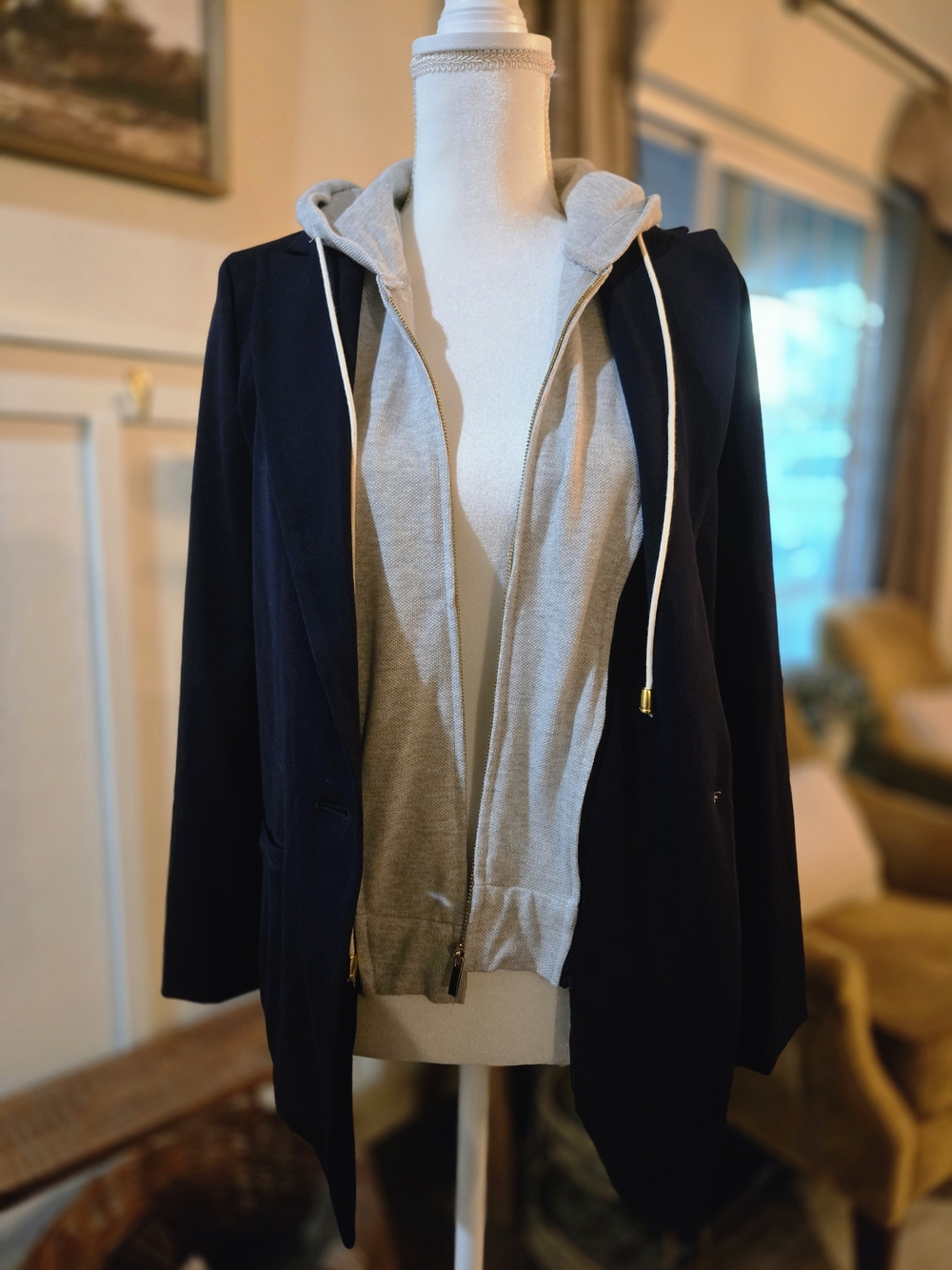 IMAN Navy Blazer with Light Gray Hooded Inner Layer